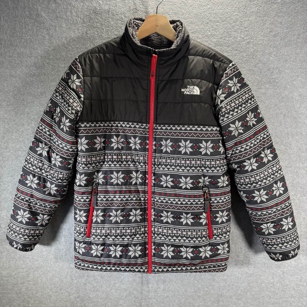 The North Face Reversible Puffer Fleece Jacket Kids L Black Snowflake Fair Isle